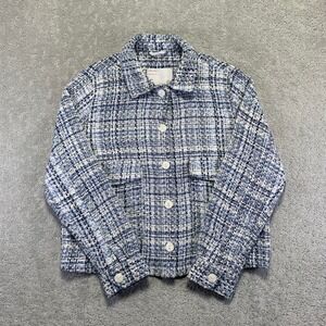 C&A Jacket Womens M? Blue White Plaid Textured Cropped Cardigan Blazer Preppy